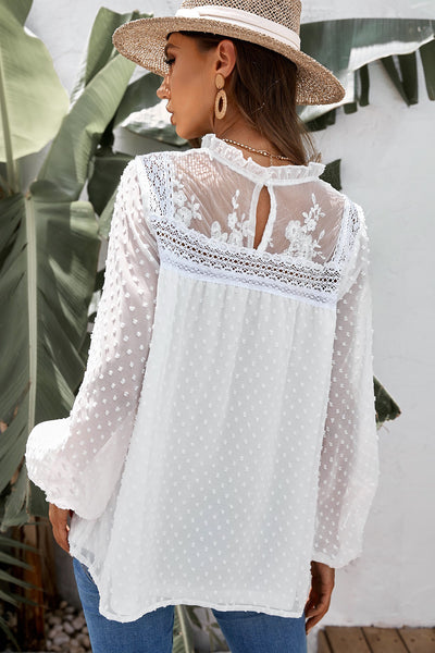 Swiss Dot Frill Neck Embroidered Keyhole Blouse - The Downtown Dachshund