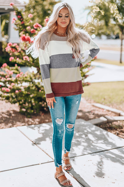 Color Block Drop Shoulder Round Neck Sweater - The Downtown Dachshund