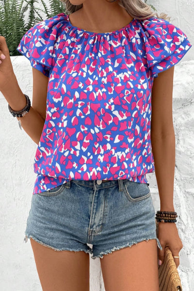Printed Round Neck Flutter Sleeve Blouse - The Downtown Dachshund