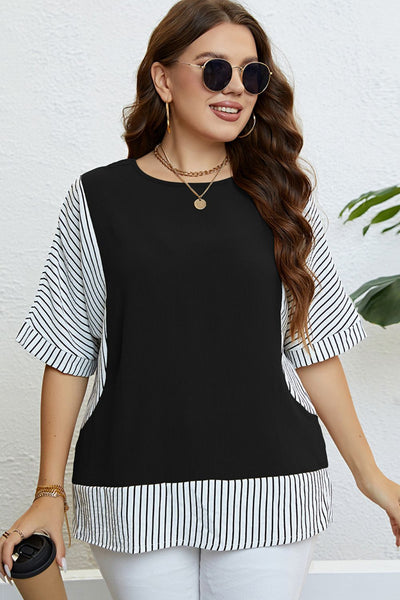 Plus Size Striped Round Neck Half Sleeve Top - The Downtown Dachshund