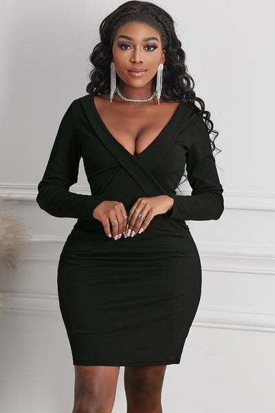 Long Sleeve Plunge Ribbed Bodycon Dress - The Downtown Dachshund