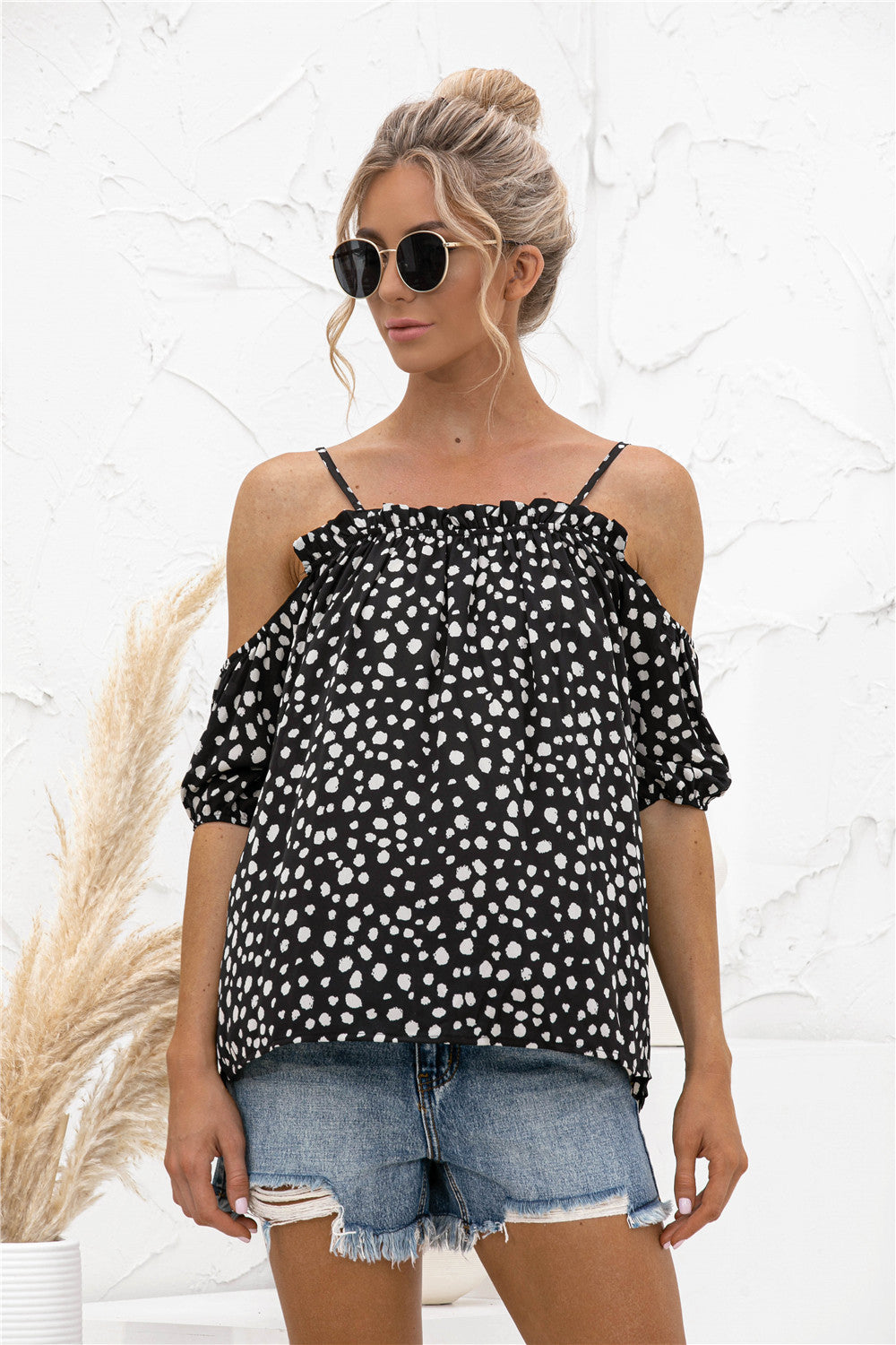 Printed Cold-Shoulder Frill Trim Blouse - The Downtown Dachshund