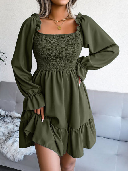 Smocked Flounce Sleeve Square Neck Dress - The Downtown Dachshund