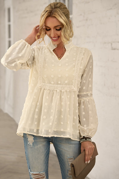 Swiss Dot Frilled Notched Neck Blouse - The Downtown Dachshund