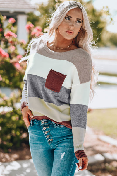 Color Block Drop Shoulder Round Neck Sweater - The Downtown Dachshund