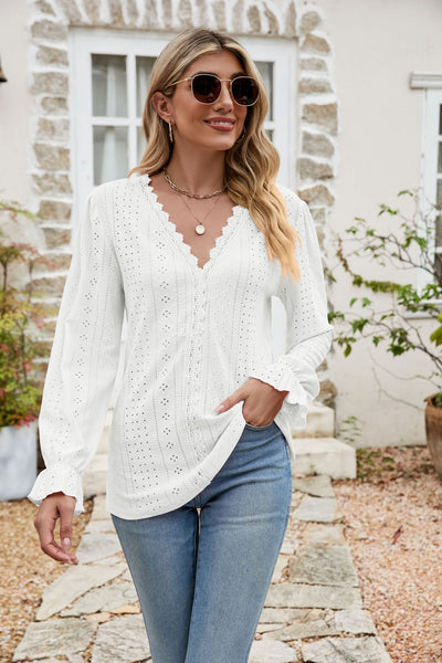 Eyelet Lace Trim Flounce Sleeve Blouse - The Downtown Dachshund