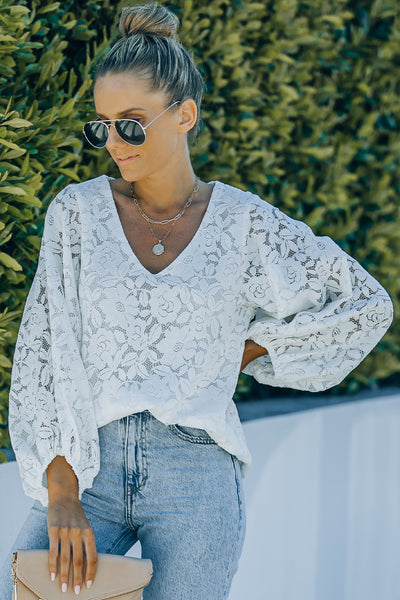 Lace Balloon Sleeve V-Neck Tunic Blouse - The Downtown Dachshund