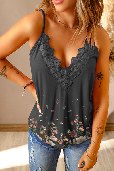 Floral Lace Trim Scalloped Plunge Cami - The Downtown Dachshund