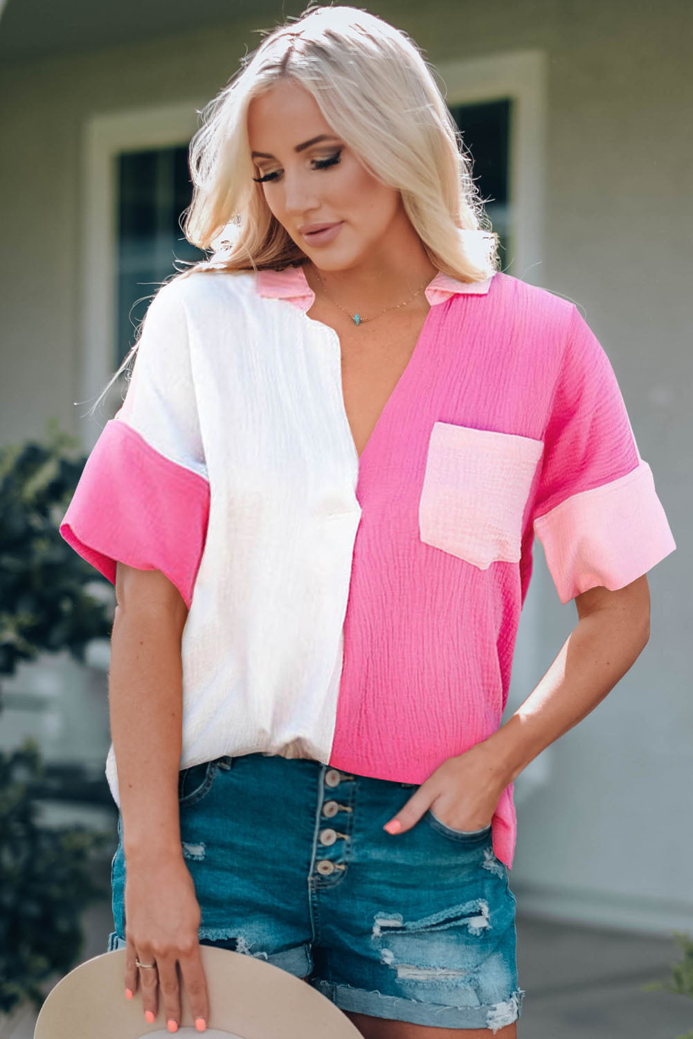 Color Block Textured Johnny Collar Blouse - The Downtown Dachshund
