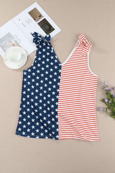 Star and Stripe V-Neck Bow Detail Tank - The Downtown Dachshund
