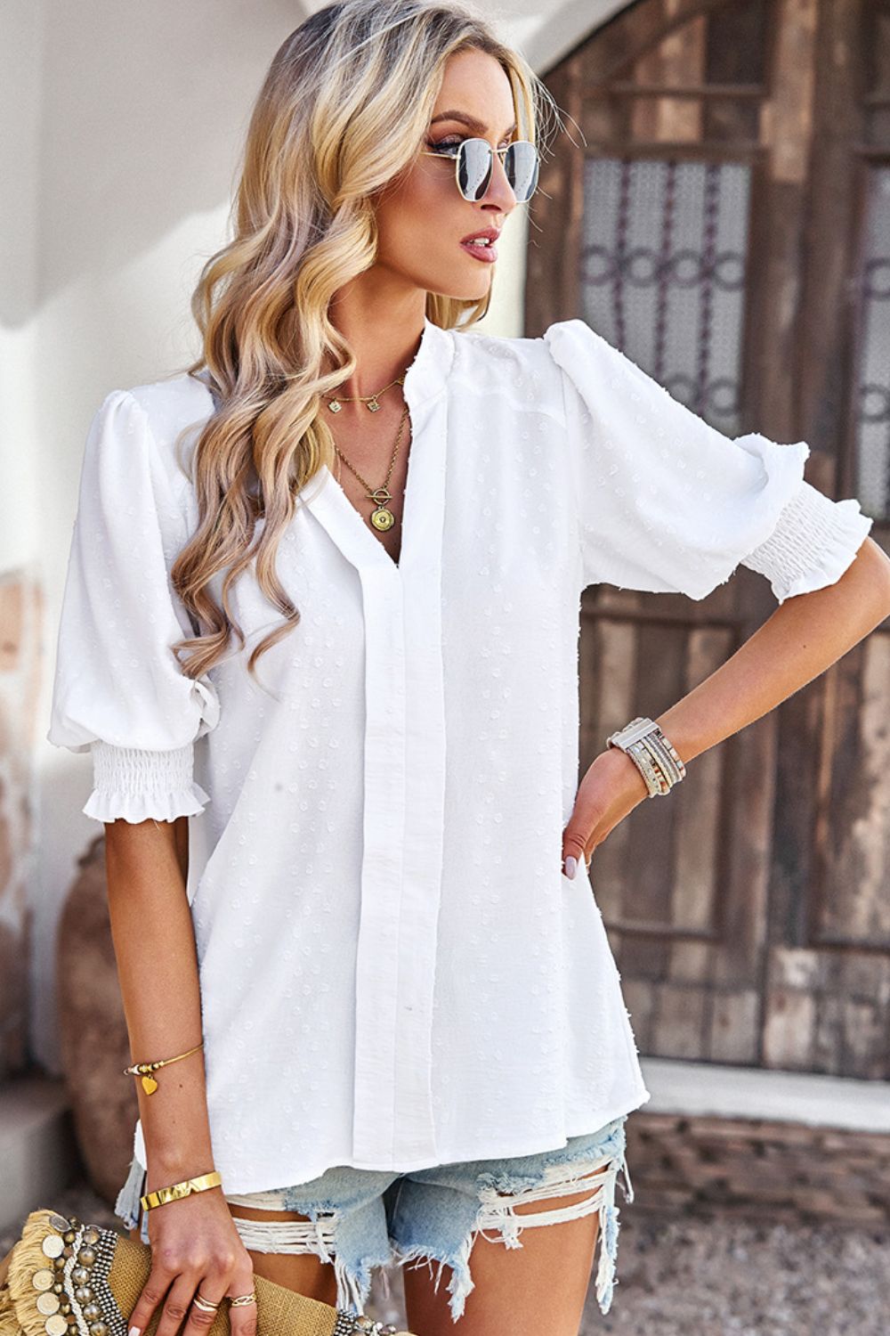 Textured Notched Neck Puff Sleeve Blouse - The Downtown Dachshund