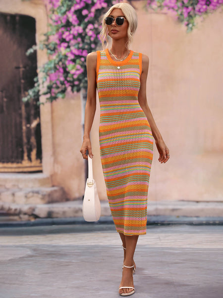 Striped Round Neck Sleeveless Midi Cover Up Dress - The Downtown Dachshund